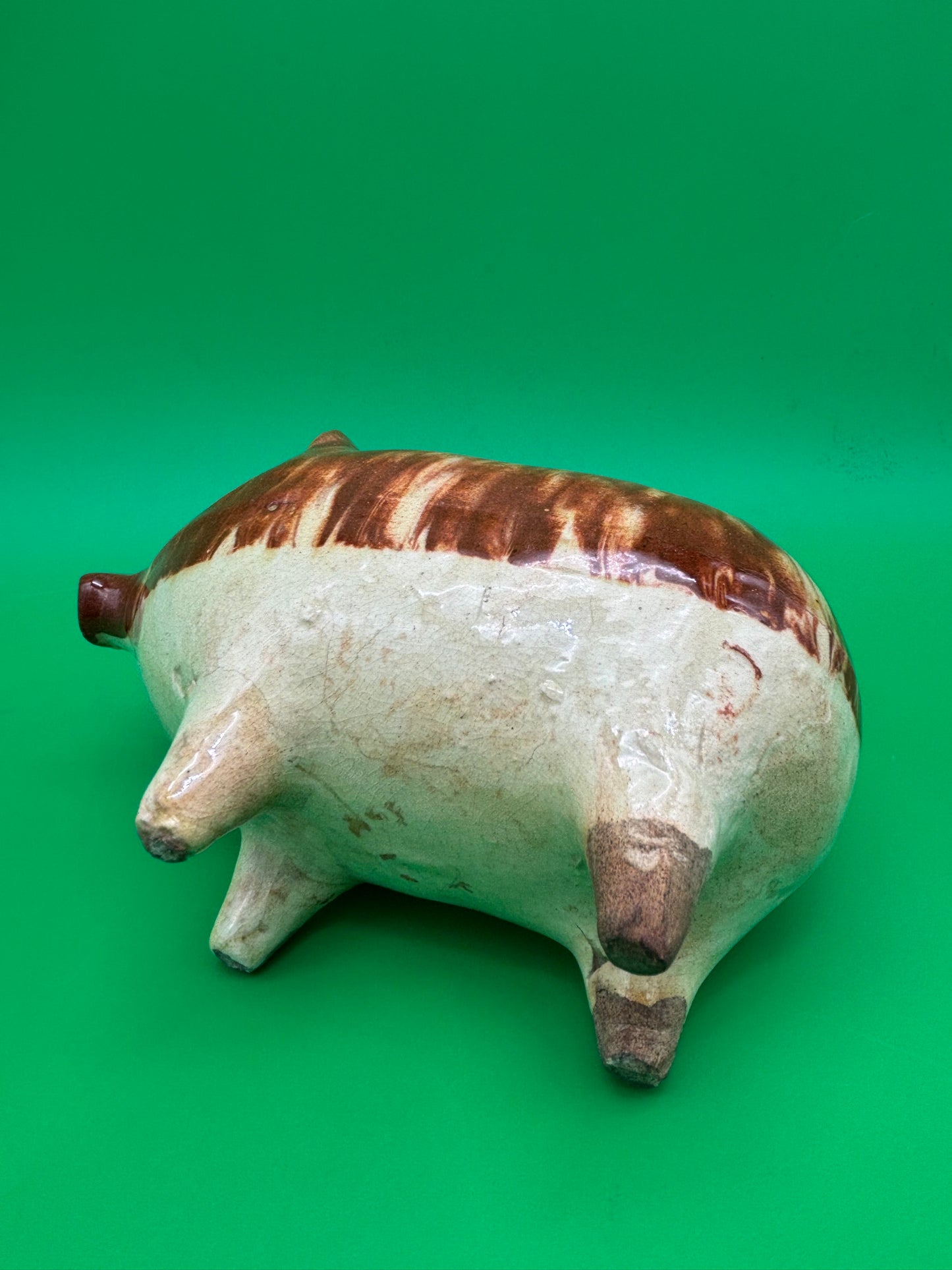 Antique Vintage Yellowware Piggy Bank Stoneware Mocha Drip Glaze Hole Eyes