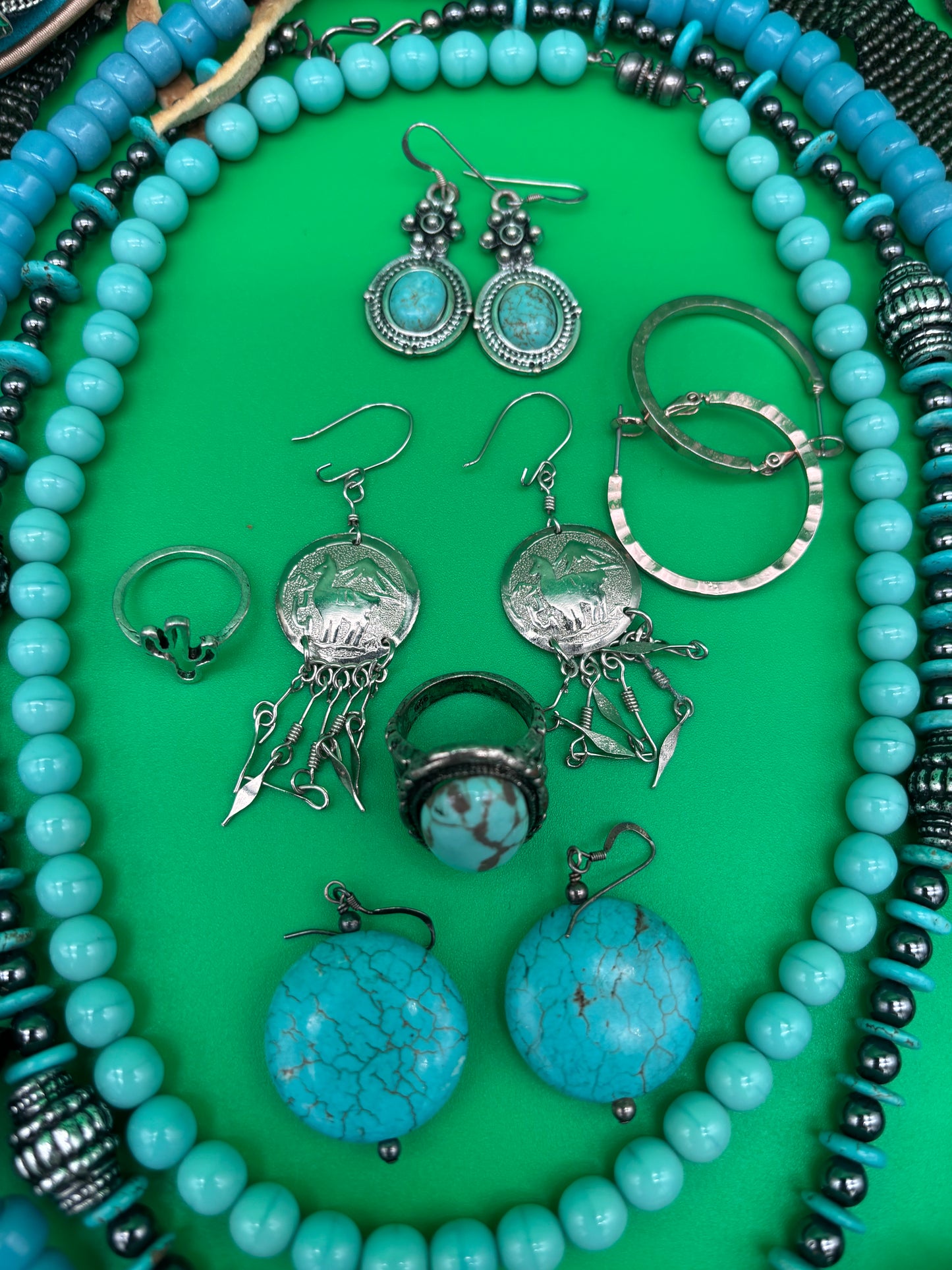 Large Boho Southwestern Jewelry Lot Turquoise Tribal Silver Tone Statement Necklaces Bracelets