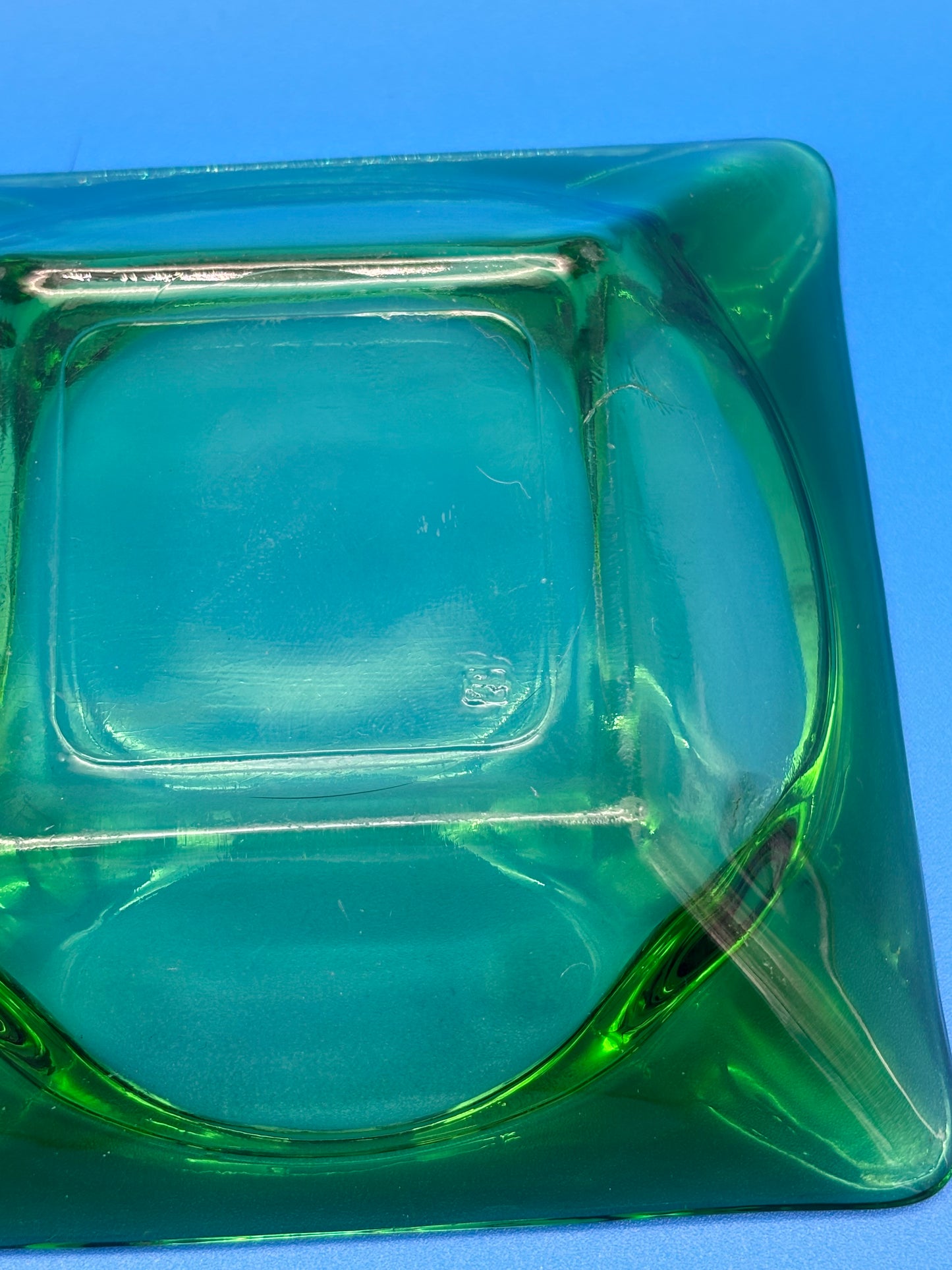 Vintage MCM Emerald Green Square Glass 4 Slot Ashtray
