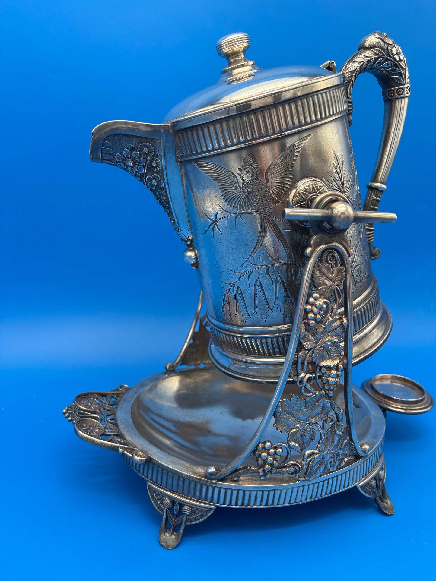 Antique Pairpoint Quadruple Plate Victorian Tilting Ice Water Pitcher & Stand Bird Grape 1826½