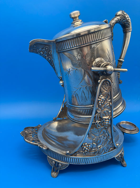 Antique Pairpoint Quadruple Plate Victorian Tilting Ice Water Pitcher & Stand Bird Grape 1826½
