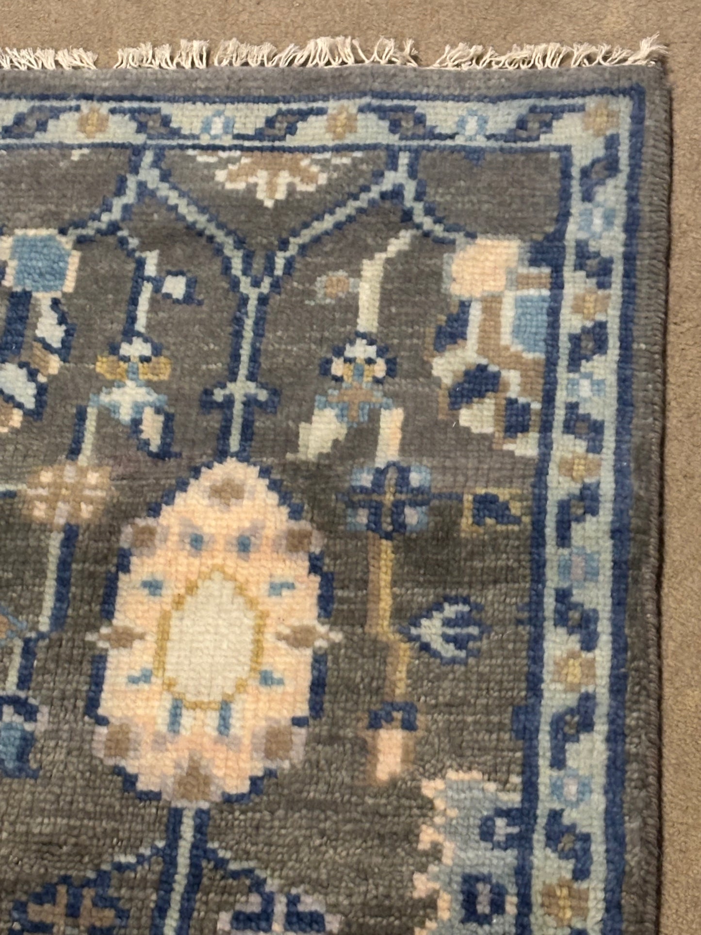 Handmade Oushak Style Wool Accent Rug 2x3 Gray Blue Turkish Floral Boho Decor