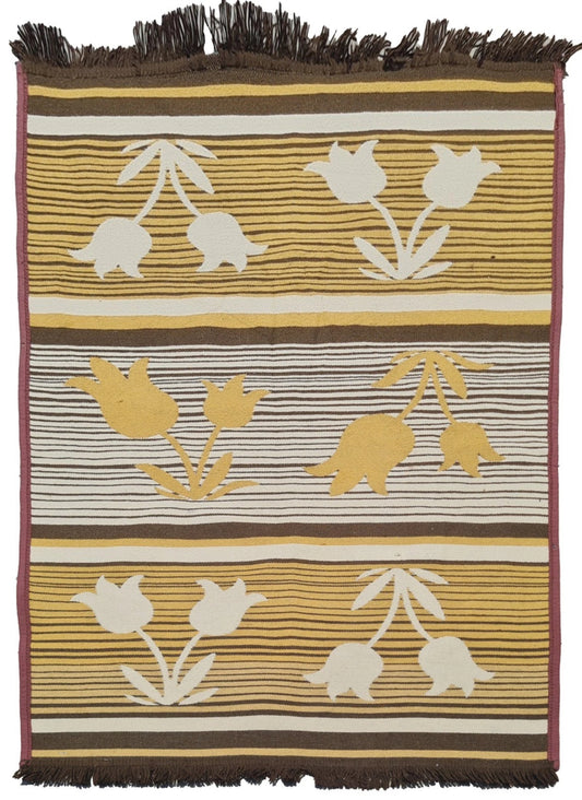 Vintage Floral Flatweave Rug 4x6 Boho Cottage Folk Art Fringe Area Rug Handmade Style