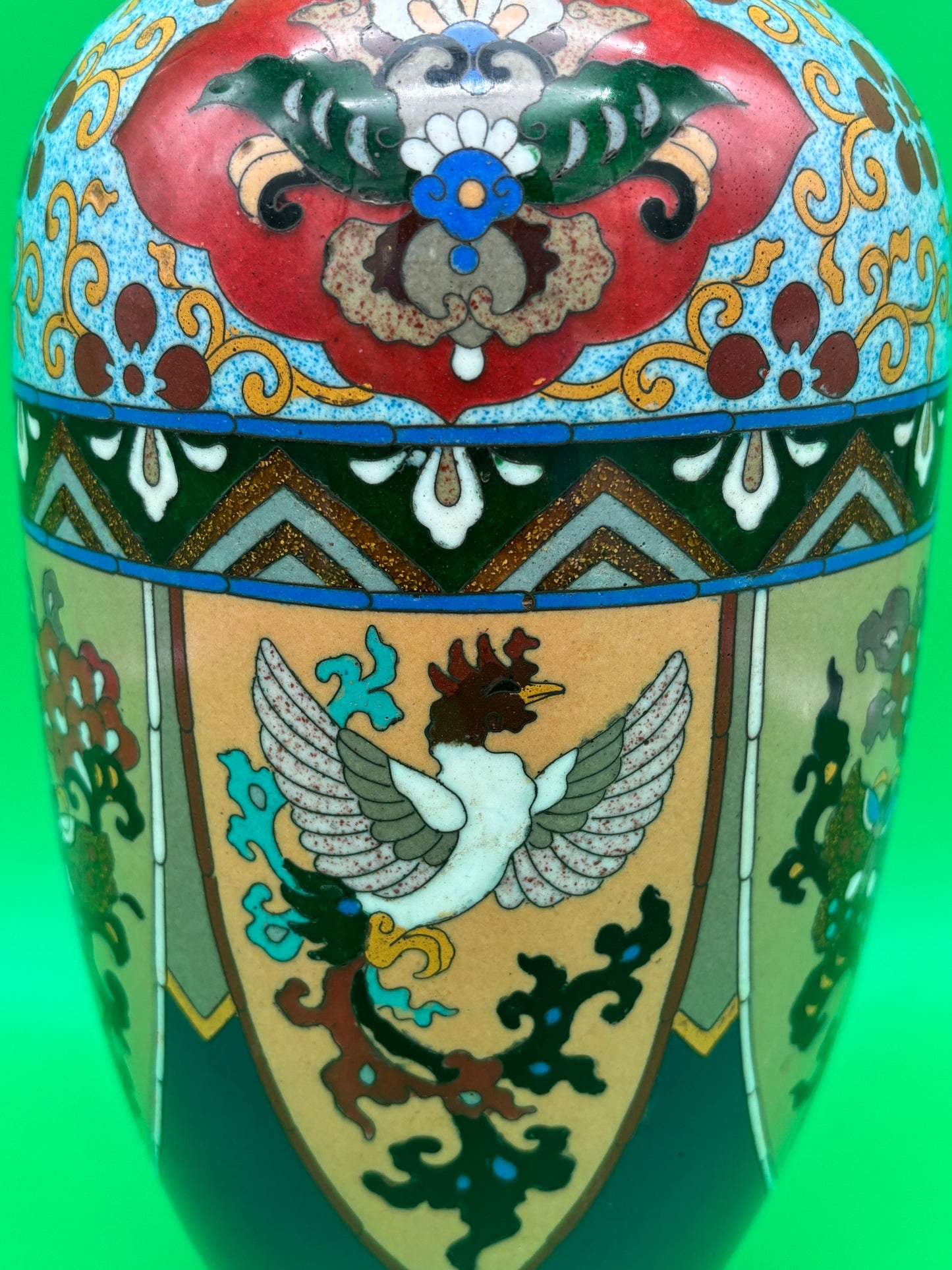 Large Antique Meiji Japanese Cloisonne Dragon Ho-o Phoenix Shield Vase 11.75”
