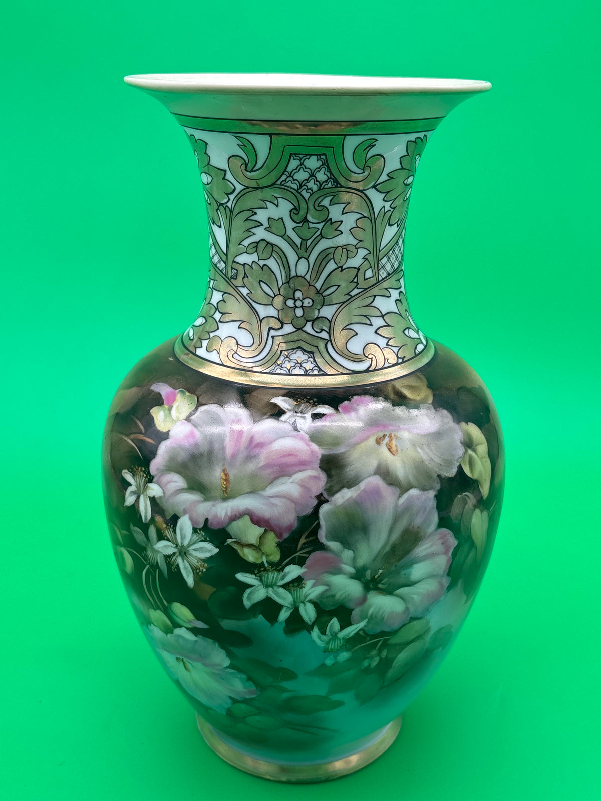 Vintage Noritake Hand Painted Japan 11” Floral Vase Pink Flowers Gold Gilt