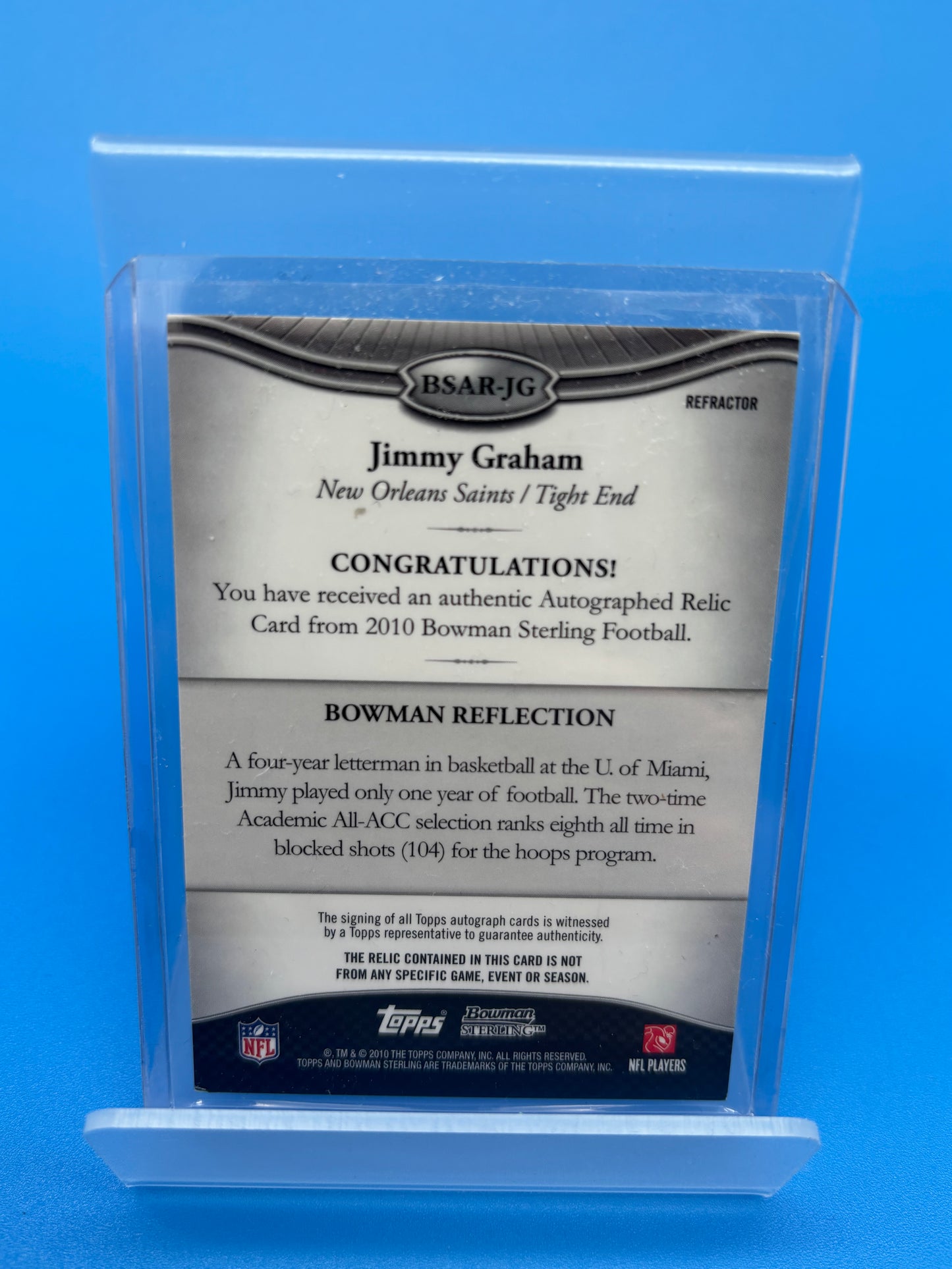 2010 Bowman Sterling Blue Refractor Jimmy Graham RC ROOKIE AUTO JERSEY 87/99