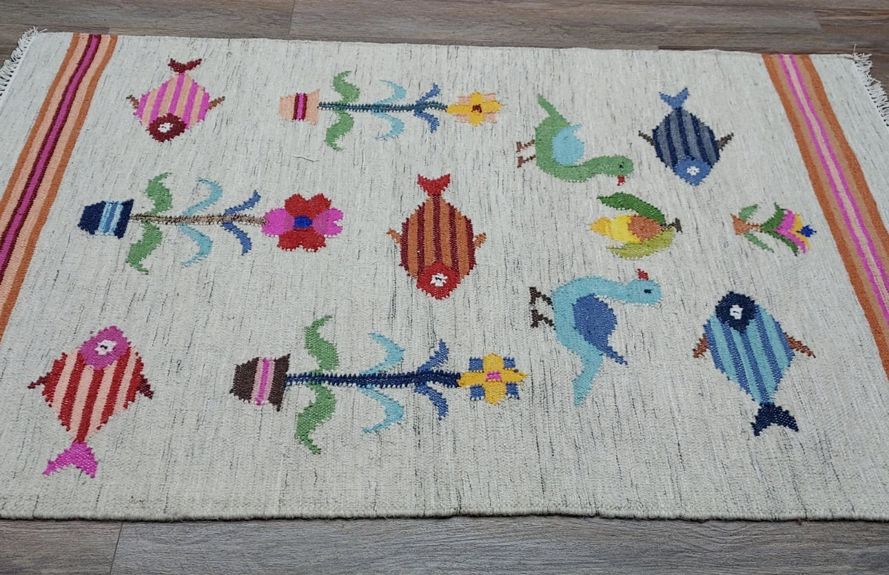Vintage Turkish Bohemian Rug Tree of Life Fish Design Handmade 4x6 Ft Flatweave Kilim