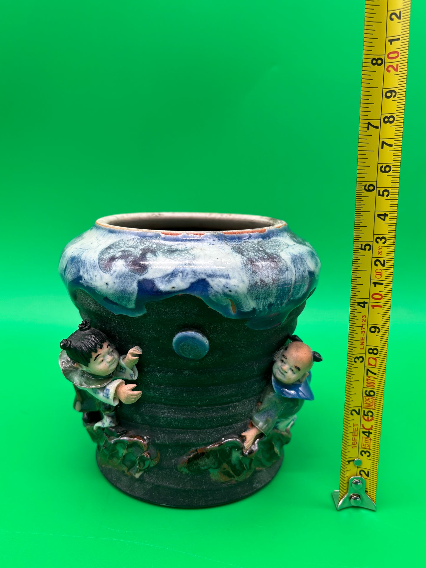 Antique Japanese Sumida Gawa Vase Signed Ban-ni Blue Drip Glaze Figural 5.25”