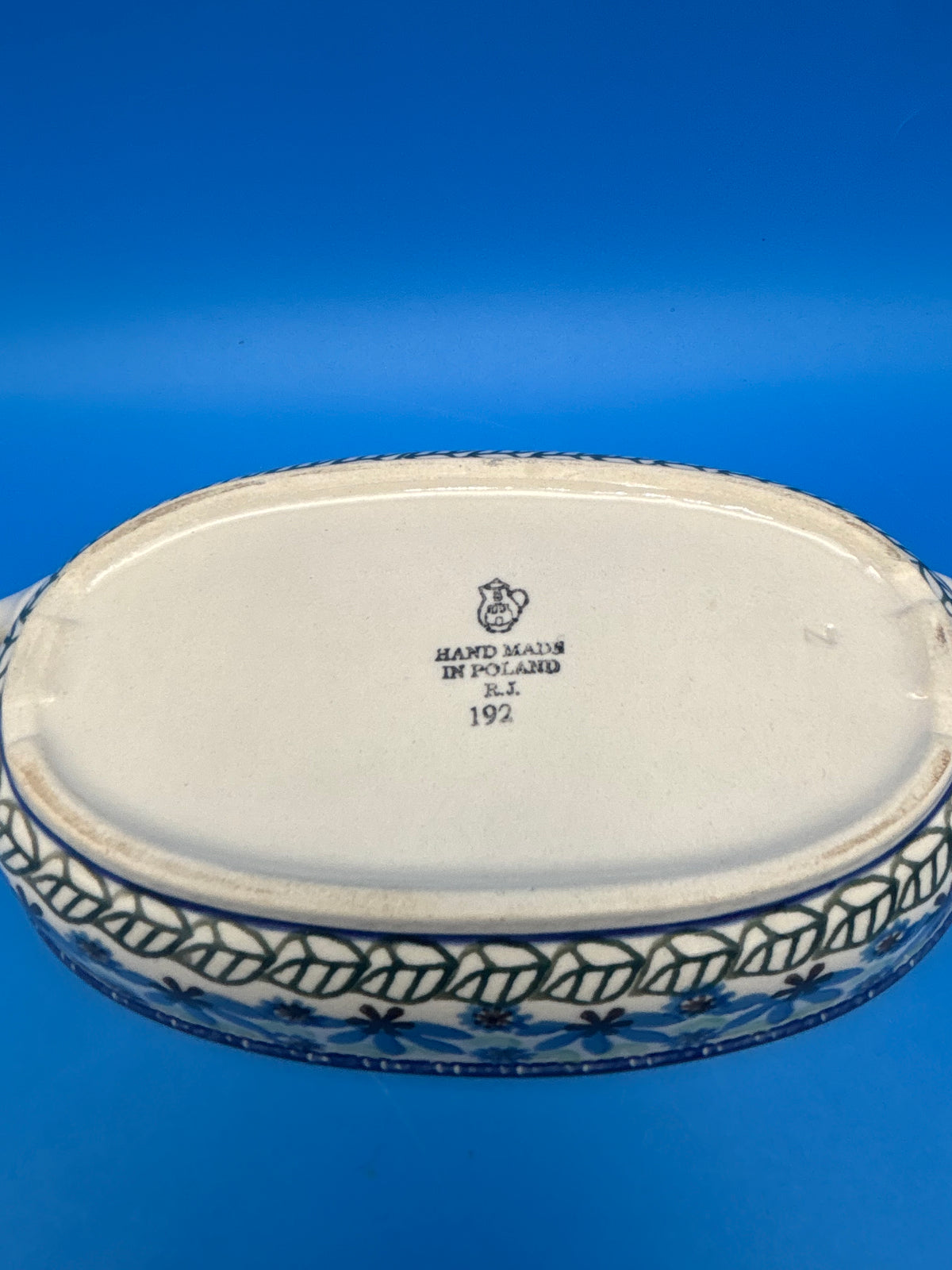 Boleslawiec Polish Pottery Oval Baker Dish Blue Green Floral #192 Poland 9”