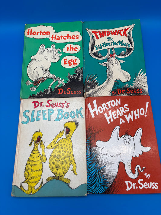 Vintage Dr. Seuss Hardcover Lot of 4 – Horton Hears a Who / Sleep Book / Thidwick / Horton Hatches (No DJ)