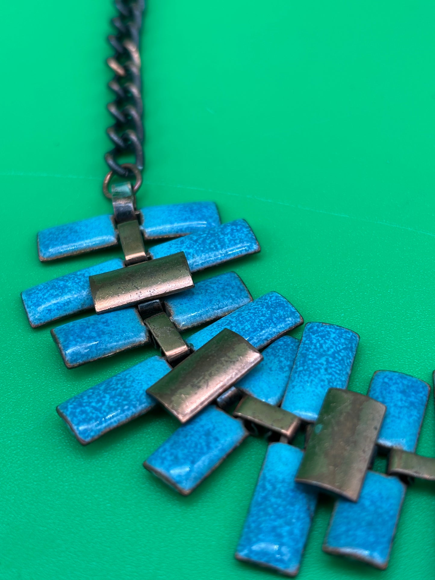 Vintage Estate MCM High End Enameled Copper 23.5” Modernist Statement Necklace Blue, G27504