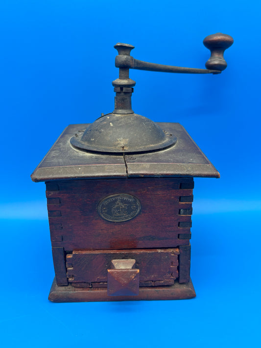Antique K&M Kissing Möllmann German Coffee Grinder Mill Wood Hand Crank c1900