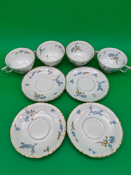 Antique Haviland Limoges France Tea Cup & Saucer Set – Blue Floral, Gold Trim (8-Piece Set)