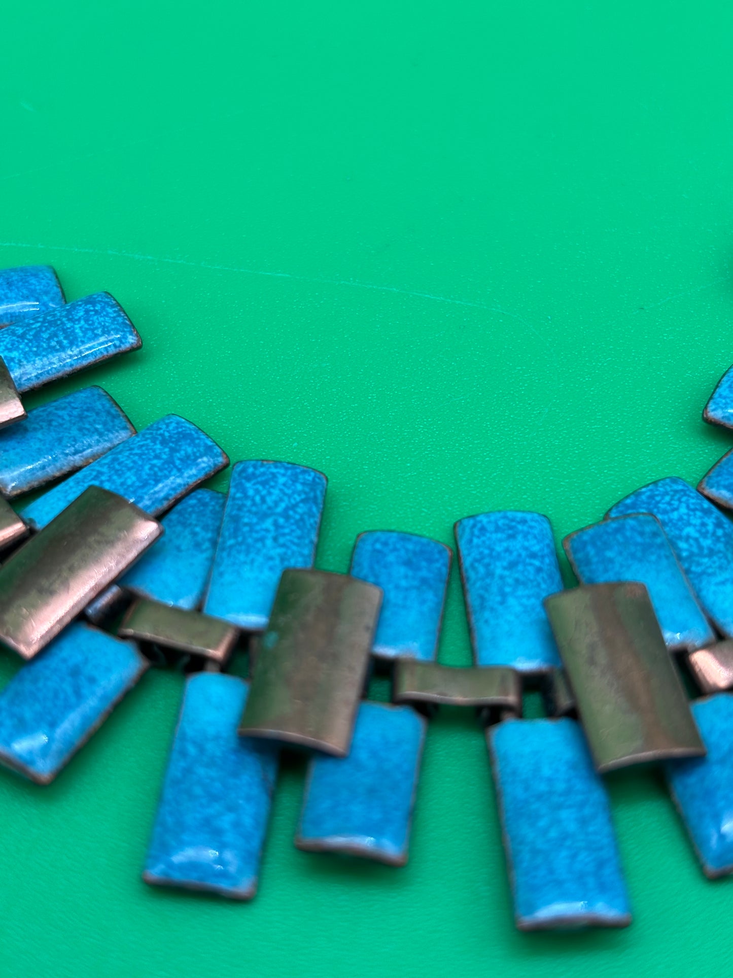 Vintage Estate MCM High End Enameled Copper 23.5” Modernist Statement Necklace Blue, G27504