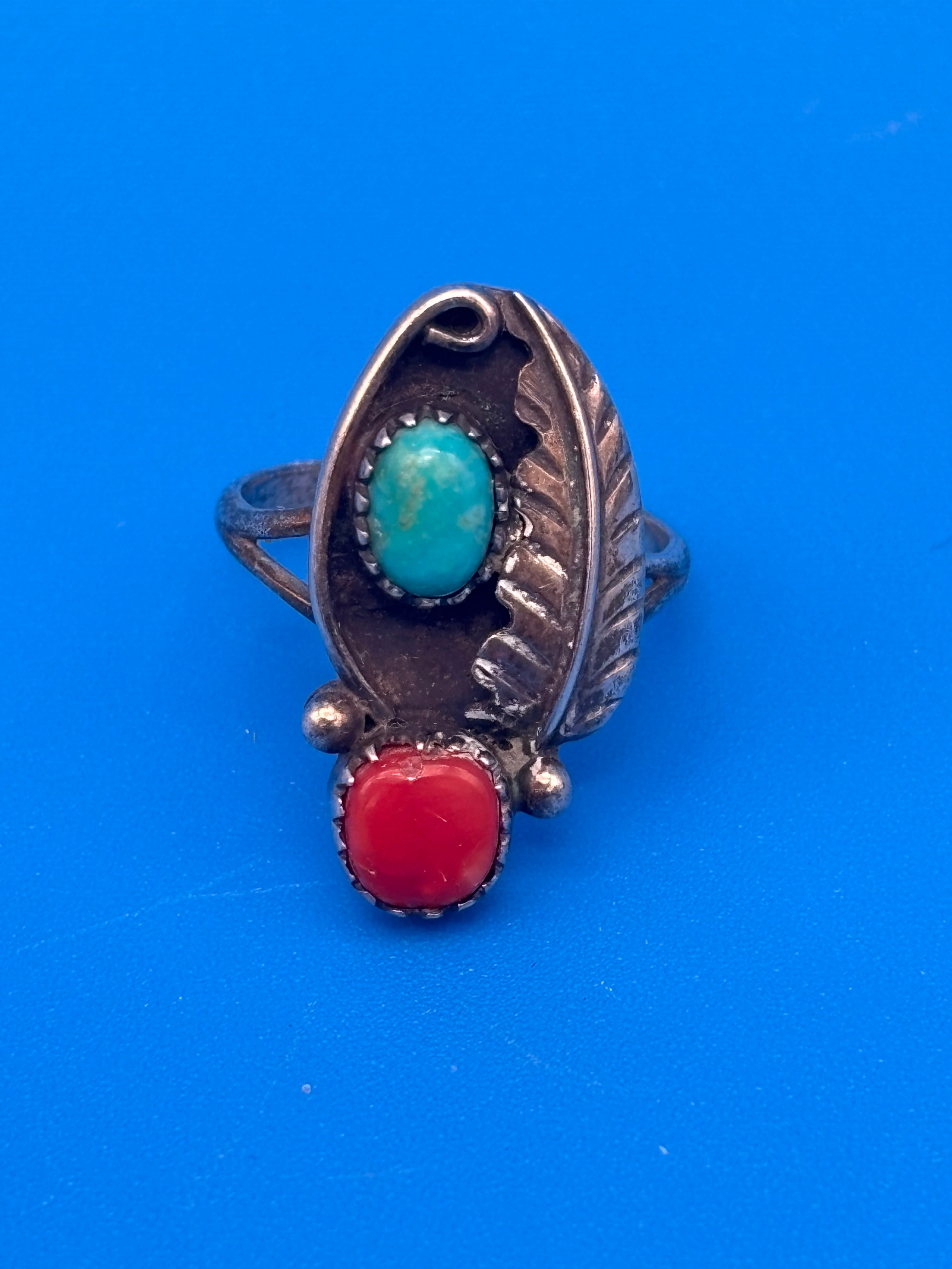 VTG Henry Mariano HM Navajo Sterling Silver Turquoise Coral Ring
