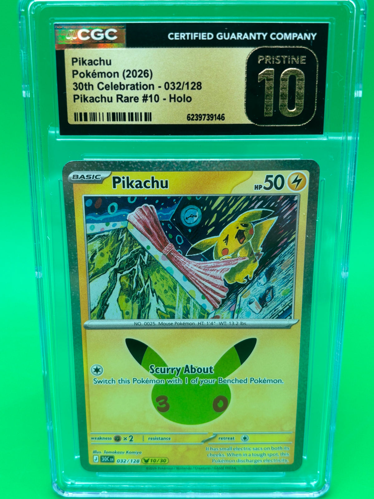 2026 Pokemon Pikachu 032/128 30th Celebration CGC Pristine 10 Holo #10