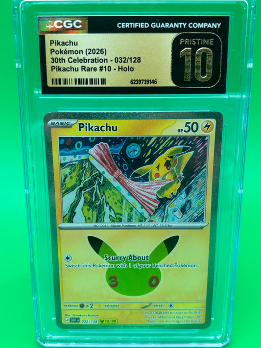 2026 Pokemon Pikachu 032/128 30th Celebration CGC Pristine 10 Holo #10