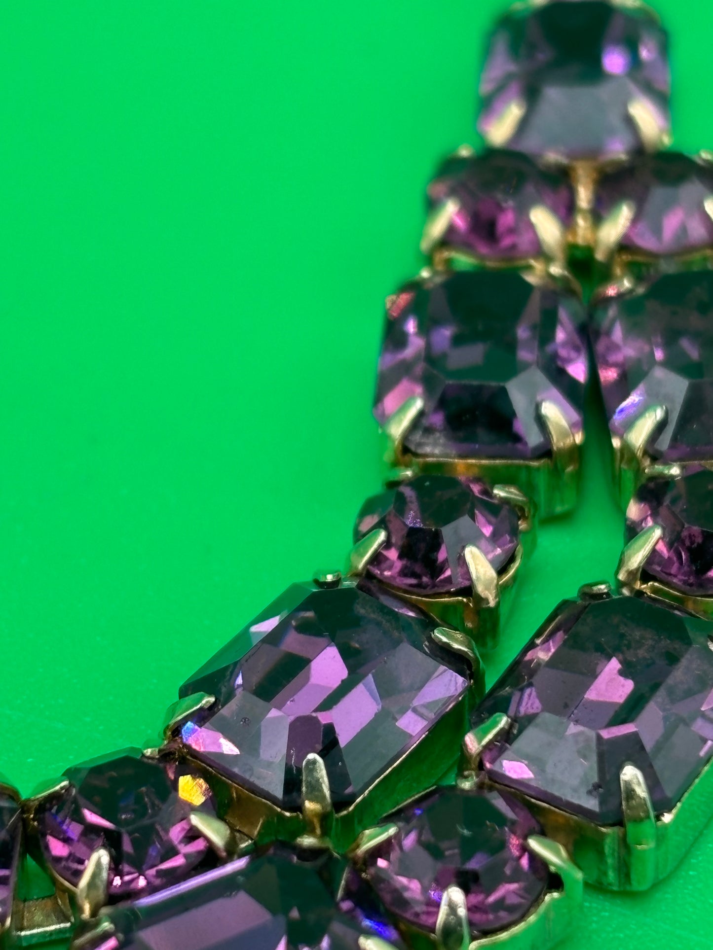 Vintage Purple Amethyst Rhinestone Crystal Costume Jewelry Necklace Art Deco Style 17.5”