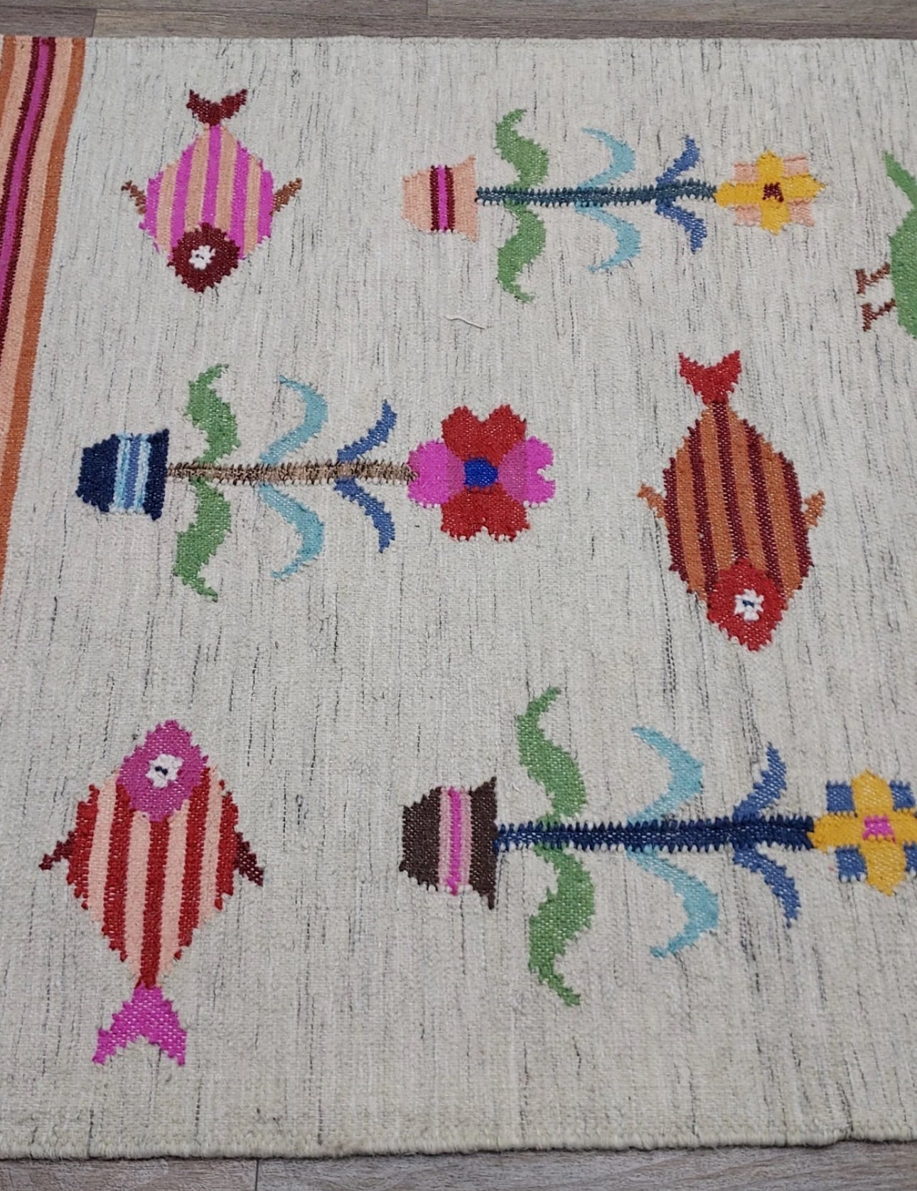 Vintage Turkish Bohemian Rug Tree of Life Fish Design Handmade 4x6 Ft Flatweave Kilim