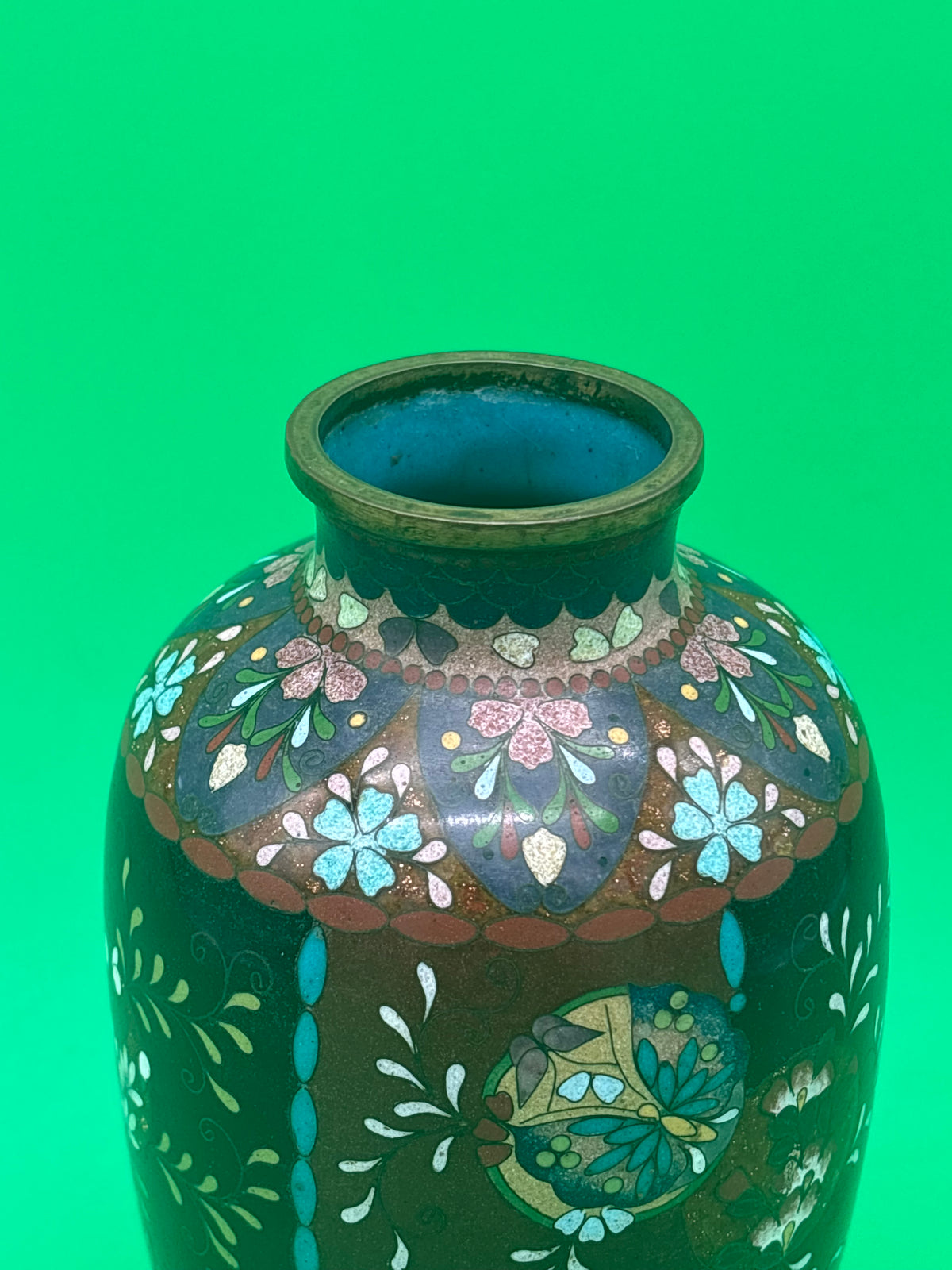 Antique Japanese Cloisonne Vase Meiji Floral Enamel Brown Ground 8” Unmarked