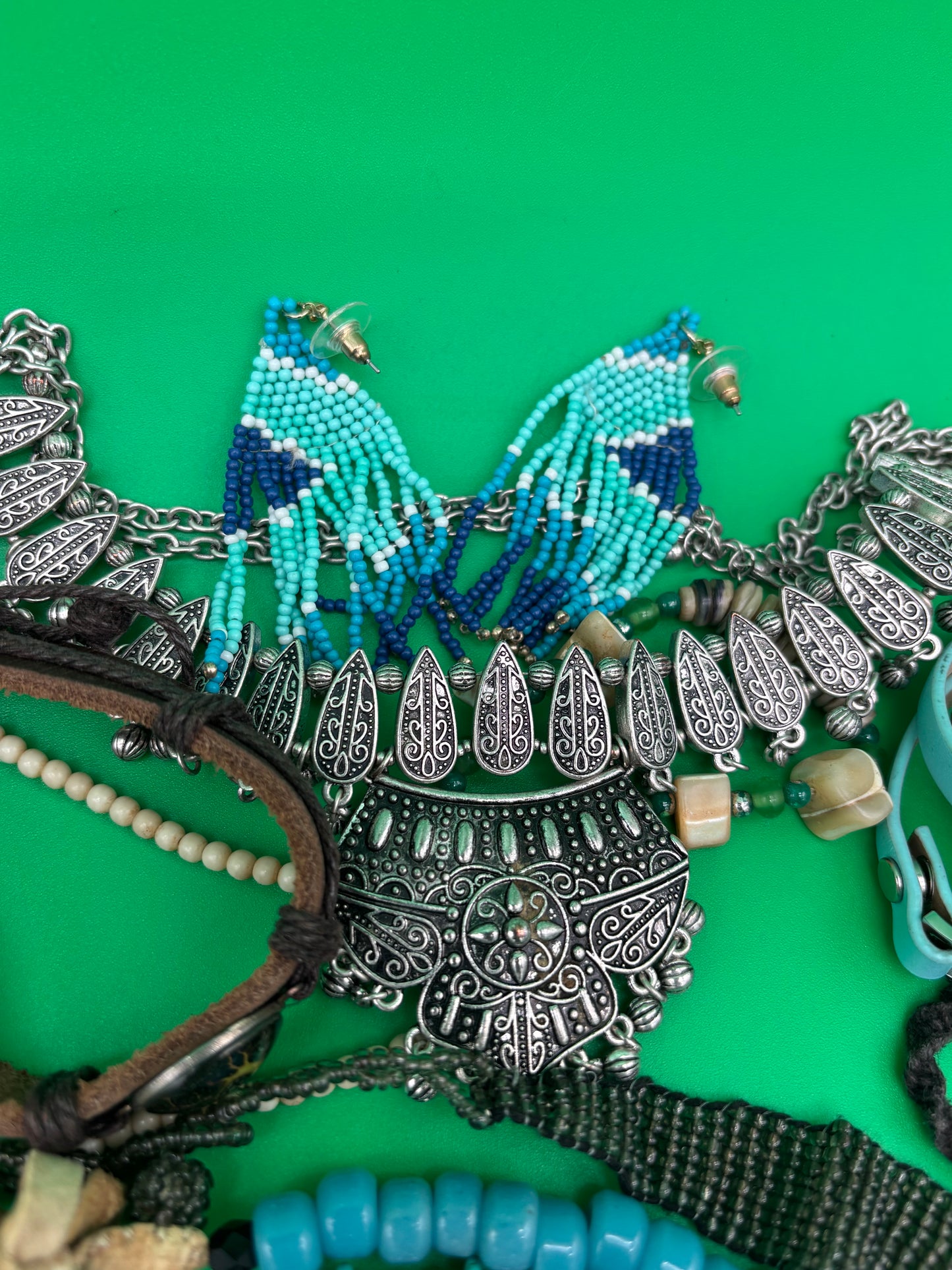 Large Boho Southwestern Jewelry Lot Turquoise Tribal Silver Tone Statement Necklaces Bracelets