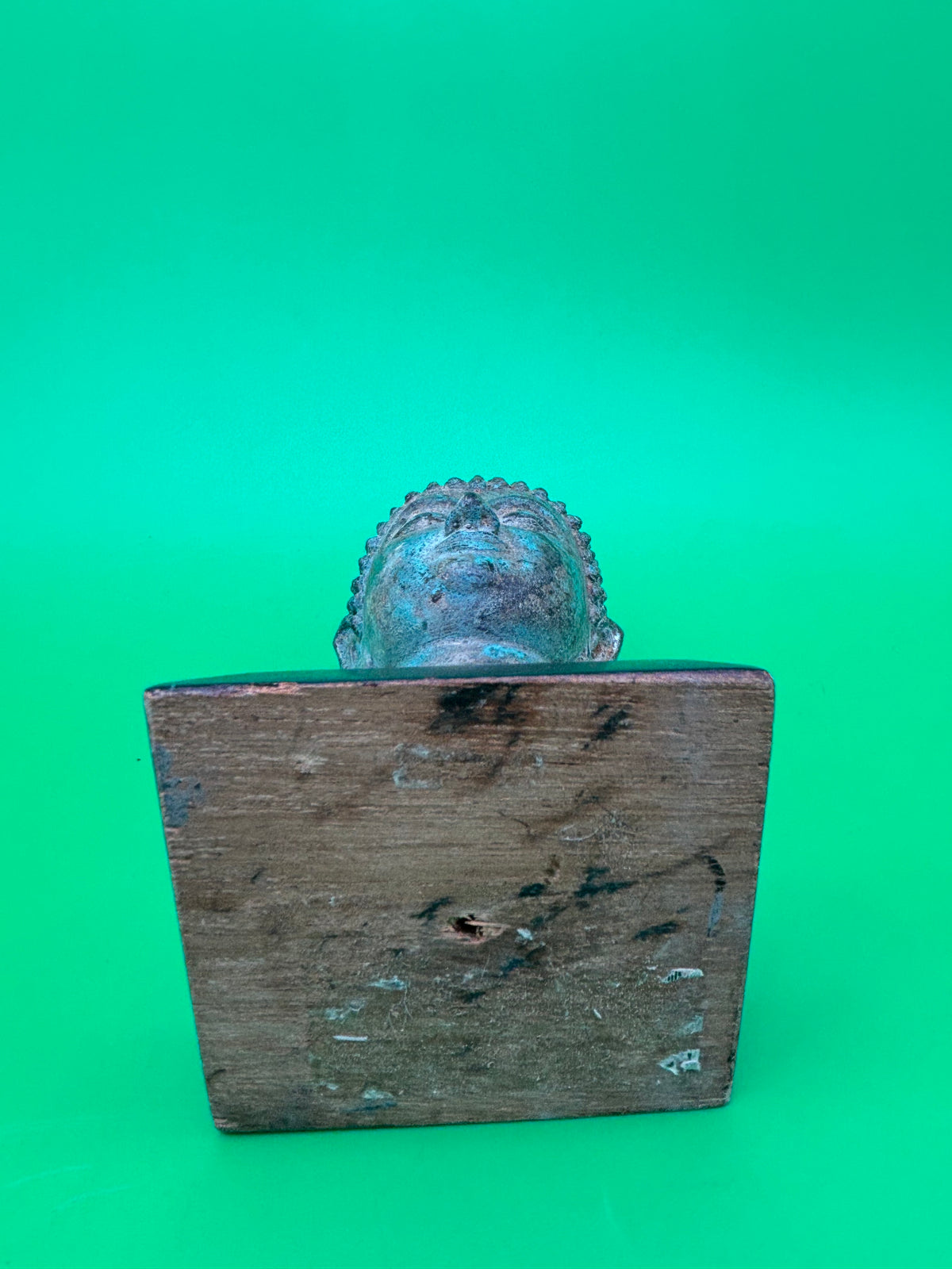Vintage Thai Bronze Buddha Head Sculpture Flame Ushnisha Patina Wood Stand