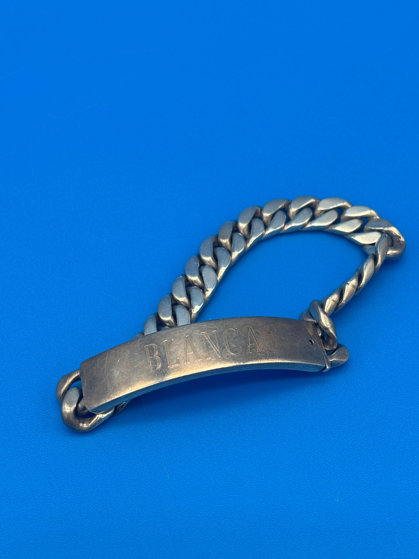 Heavy Vintage Mexico 925 Sterling Silver ID Bracelet Curb Link 65g Engraved BLANCA