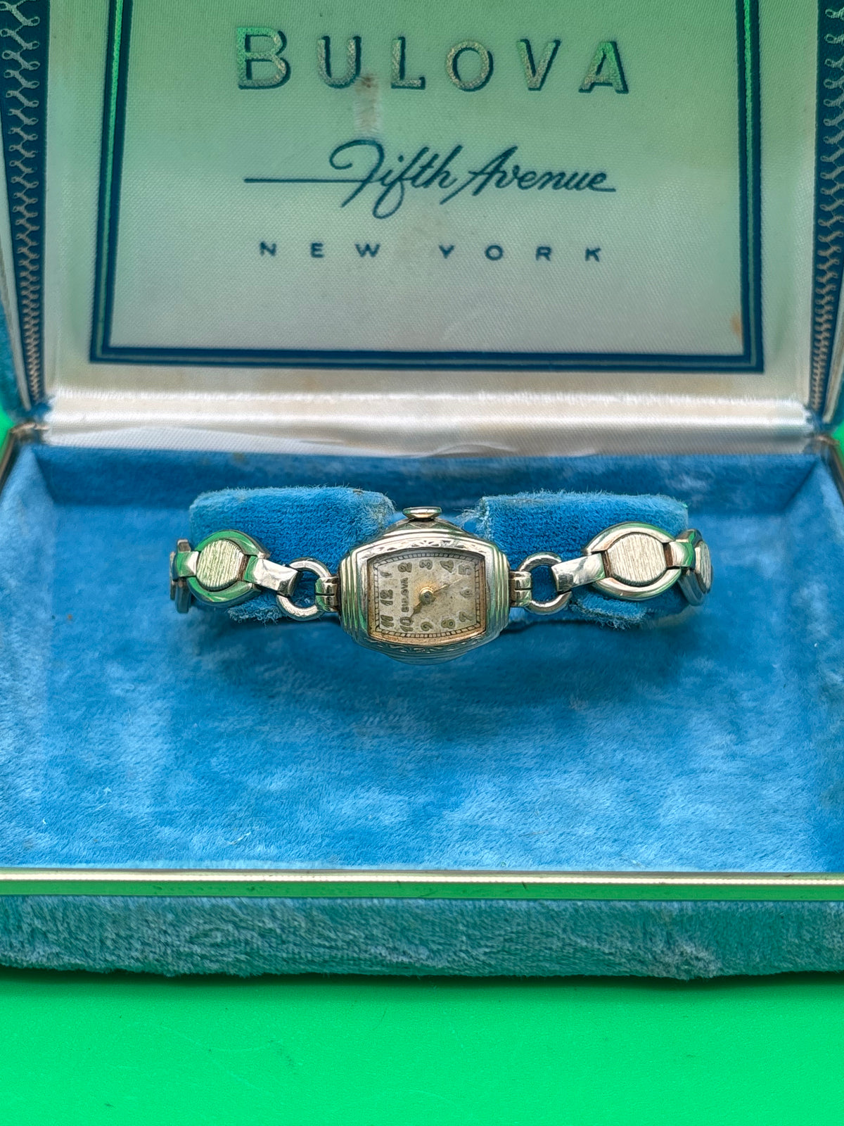 Vintage Bulova Ladies Art Deco Watch Speidel Bracelet Fifth Avenue Box Untested