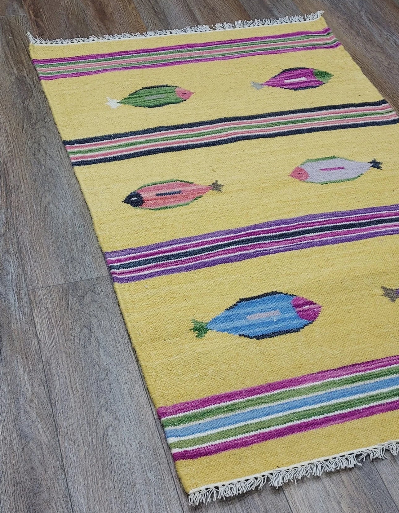 Handmade Turkish Kilim Rug 3x5 ft Bohemian Fish Design “Tree of Life” Flatweave