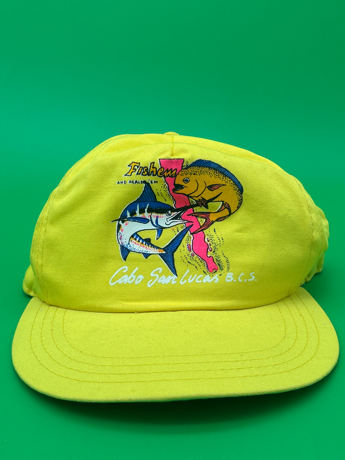 Vintage Cabo San Lucas Fishing Hat Fishem Release Em Marlin Snapback Yellow