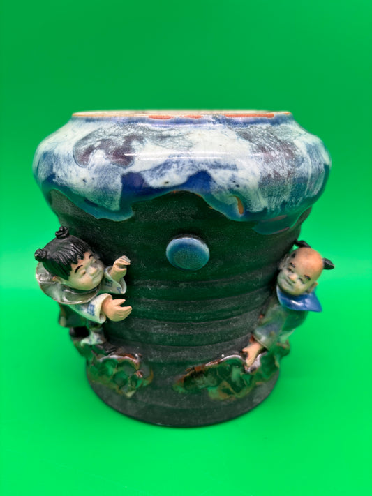 Antique Japanese Sumida Gawa Vase Signed Ban-ni Blue Drip Glaze Figural 5.25”