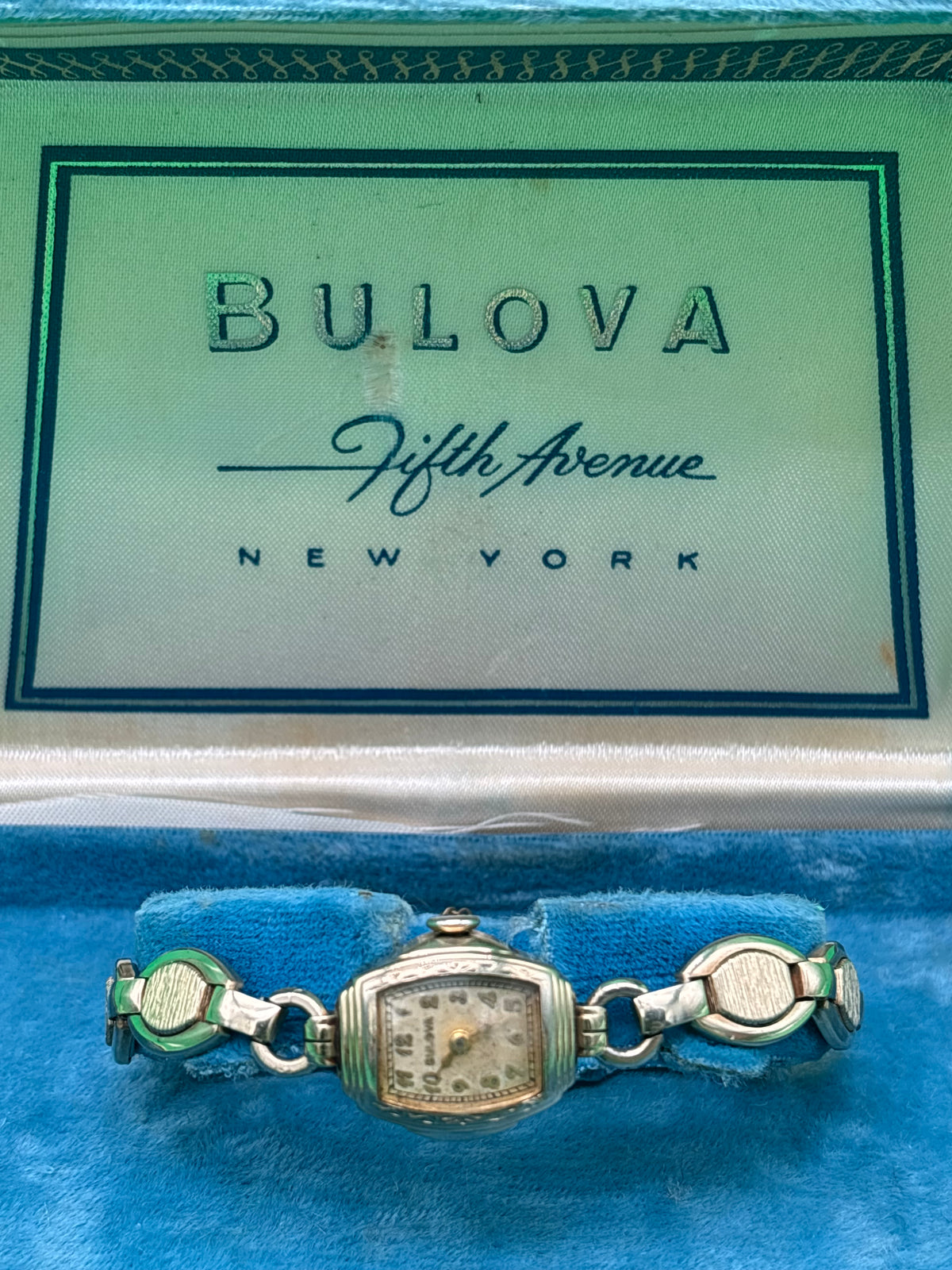 Vintage Bulova Ladies Art Deco Watch Speidel Bracelet Fifth Avenue Box Untested