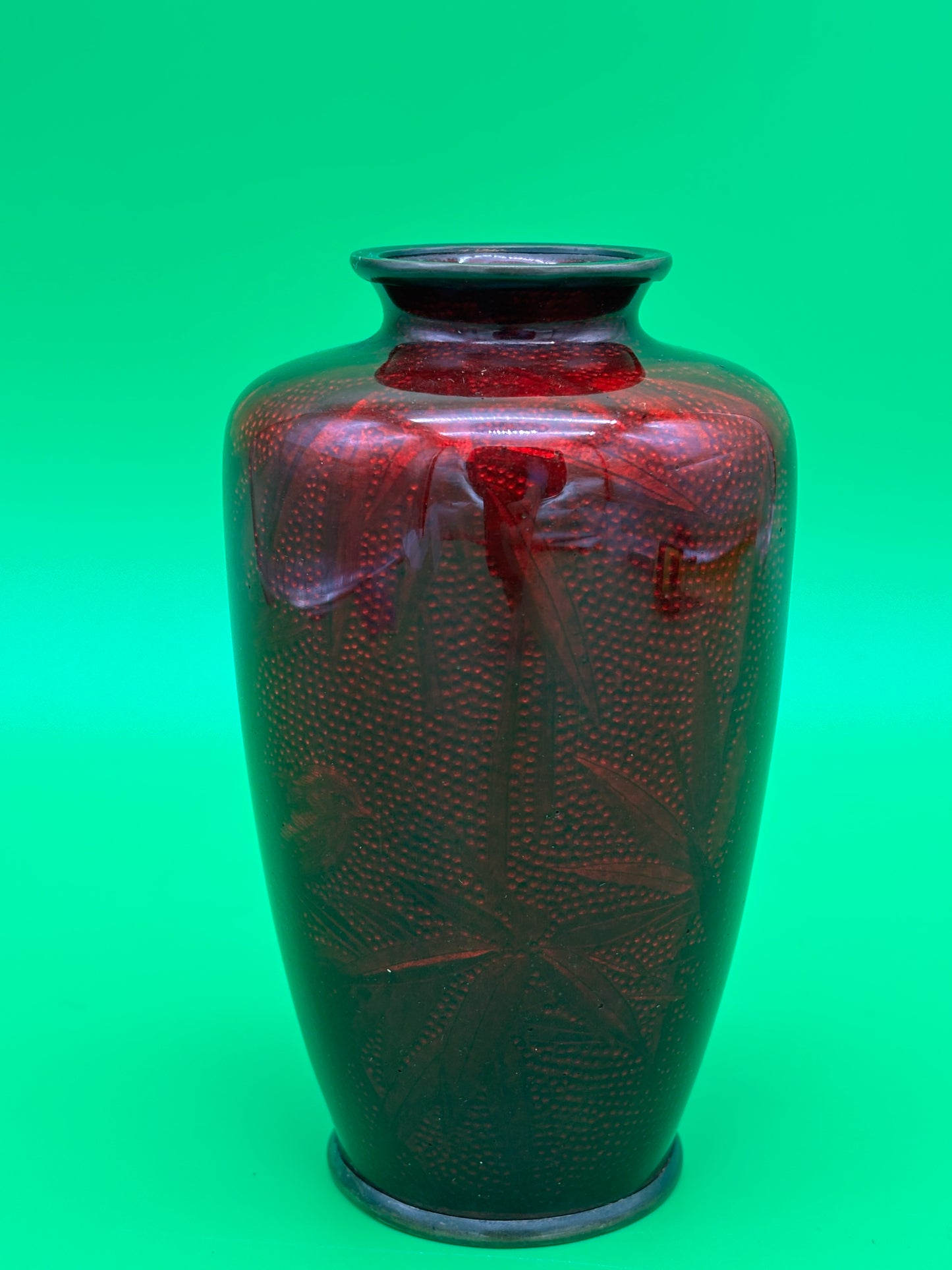 Signed Ando Japanese Pigeon Blood Red Ginbari Cloisonne Bird Bamboo Vase 5.75”