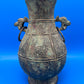 Chinese Archaistic Bronze Hu Vase Elephant Head Ring Handles Figural 11”