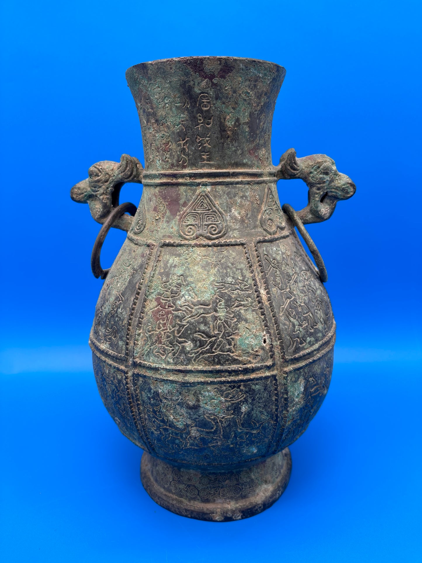 Chinese Archaistic Bronze Hu Vase Elephant Head Ring Handles Figural 11”