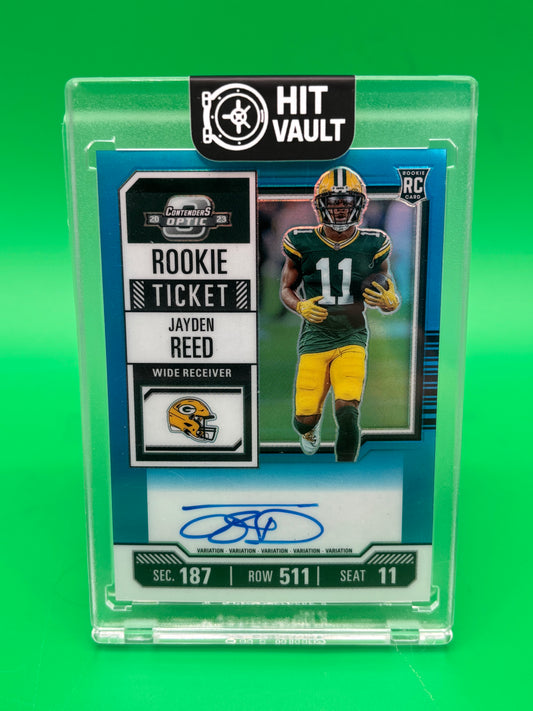 2023 Panini Contenders Optic Jayden Reed Rookie Ticket Auto Blue #41/75 On-Card