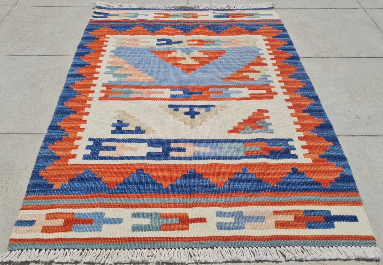 Vintage Hand Knotted Shiraz Kilim Wool Area Rug 2.9 x 2.1 Ft Blue Orange Persian Style