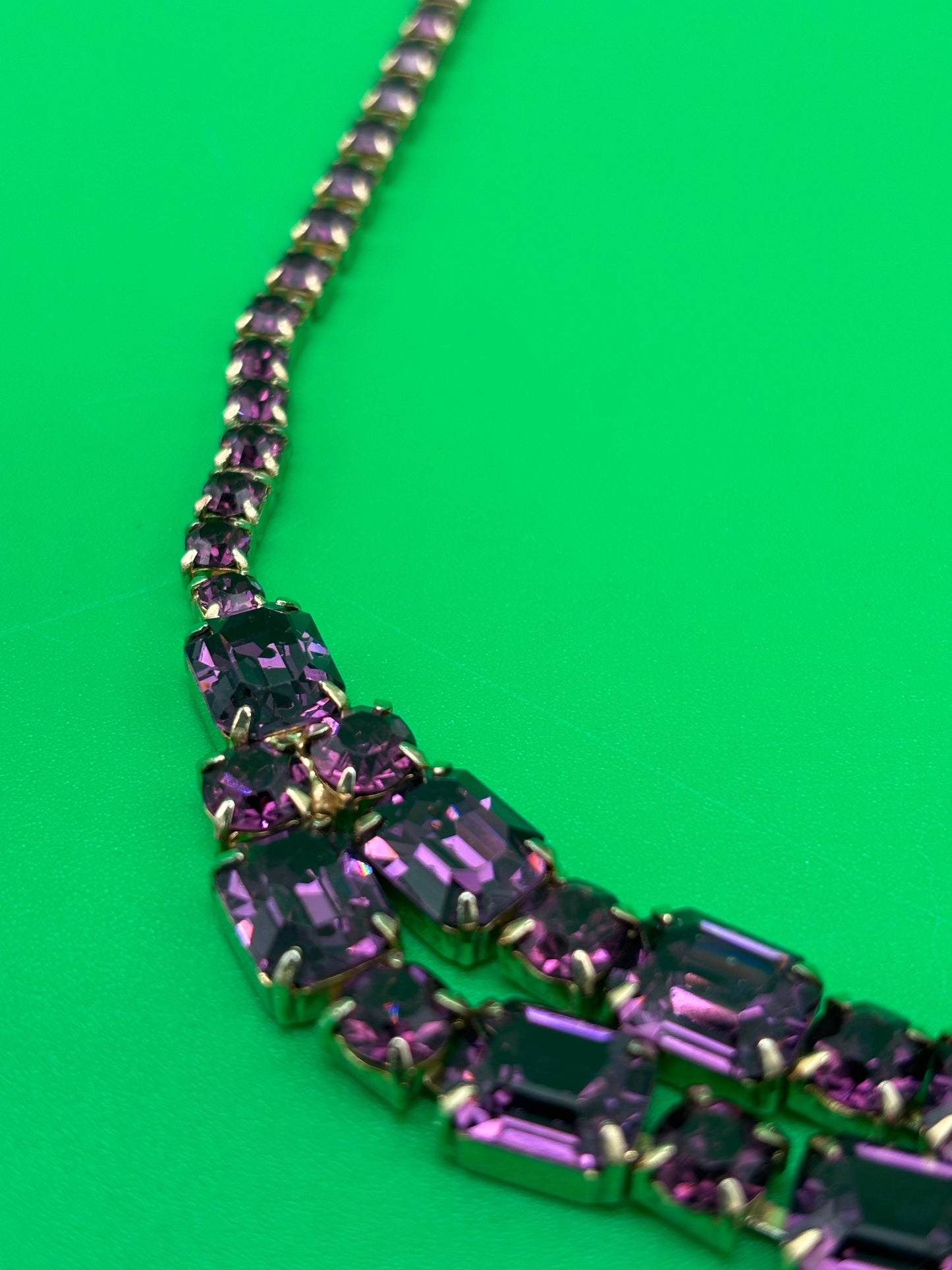 Vintage Purple Amethyst Rhinestone Crystal Costume Jewelry Necklace Art Deco Style 17.5”