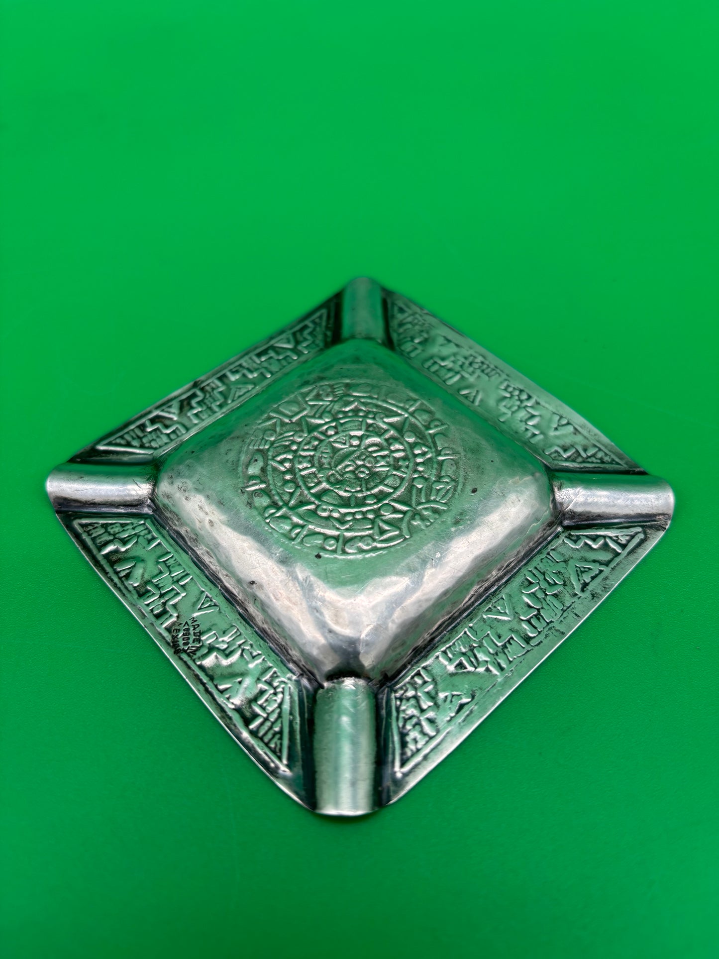 Vintage Mexico 900 Silver Ashtray Aztec Calendar Stamped Design 38g 3.25”