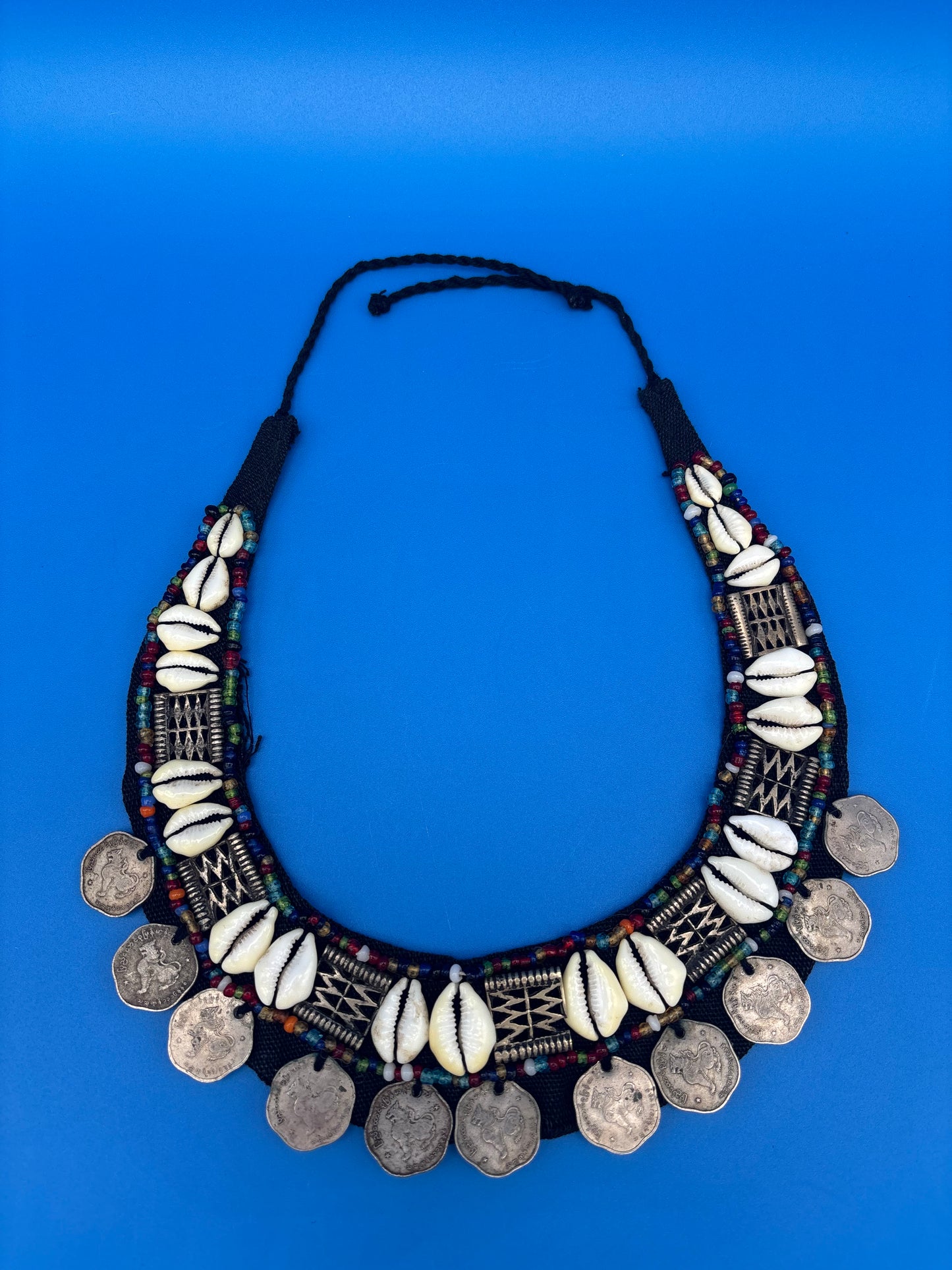 Vintage HUGE Tribal Bib Necklace Cowrie Shells Beads Myanmar Coins Boho Statement