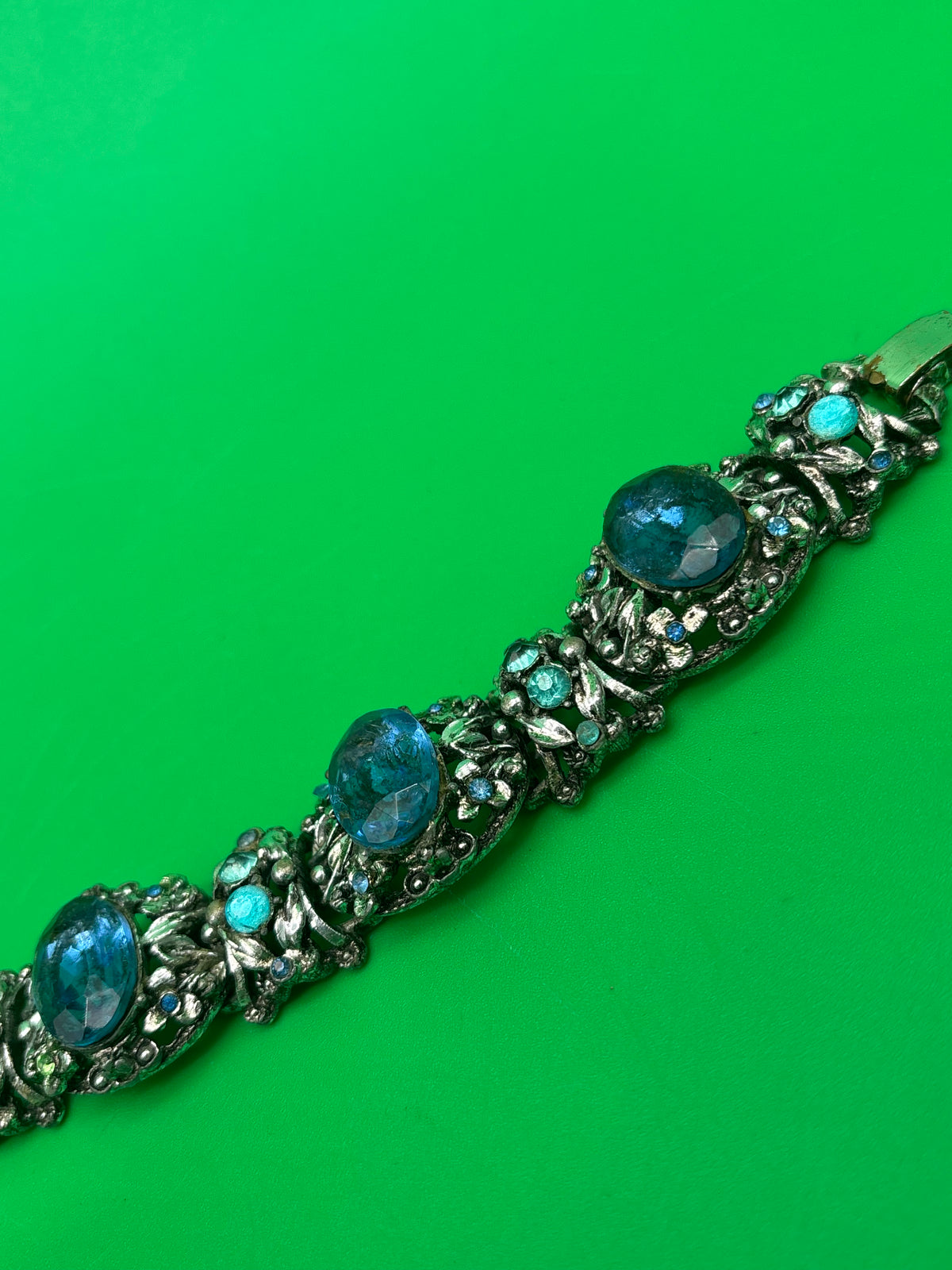 Vintage Unsigned Selro / Selini Style Blue Glass Rhinestone Statement Bracelet