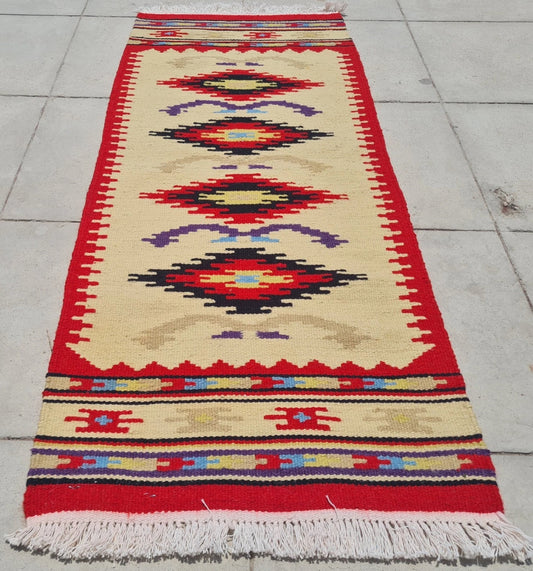 Vintage Southwestern Wool Runner Rug Navajo Style Handwoven Red Cream Tribal Hallway Rug 3.3’ x 1.4’