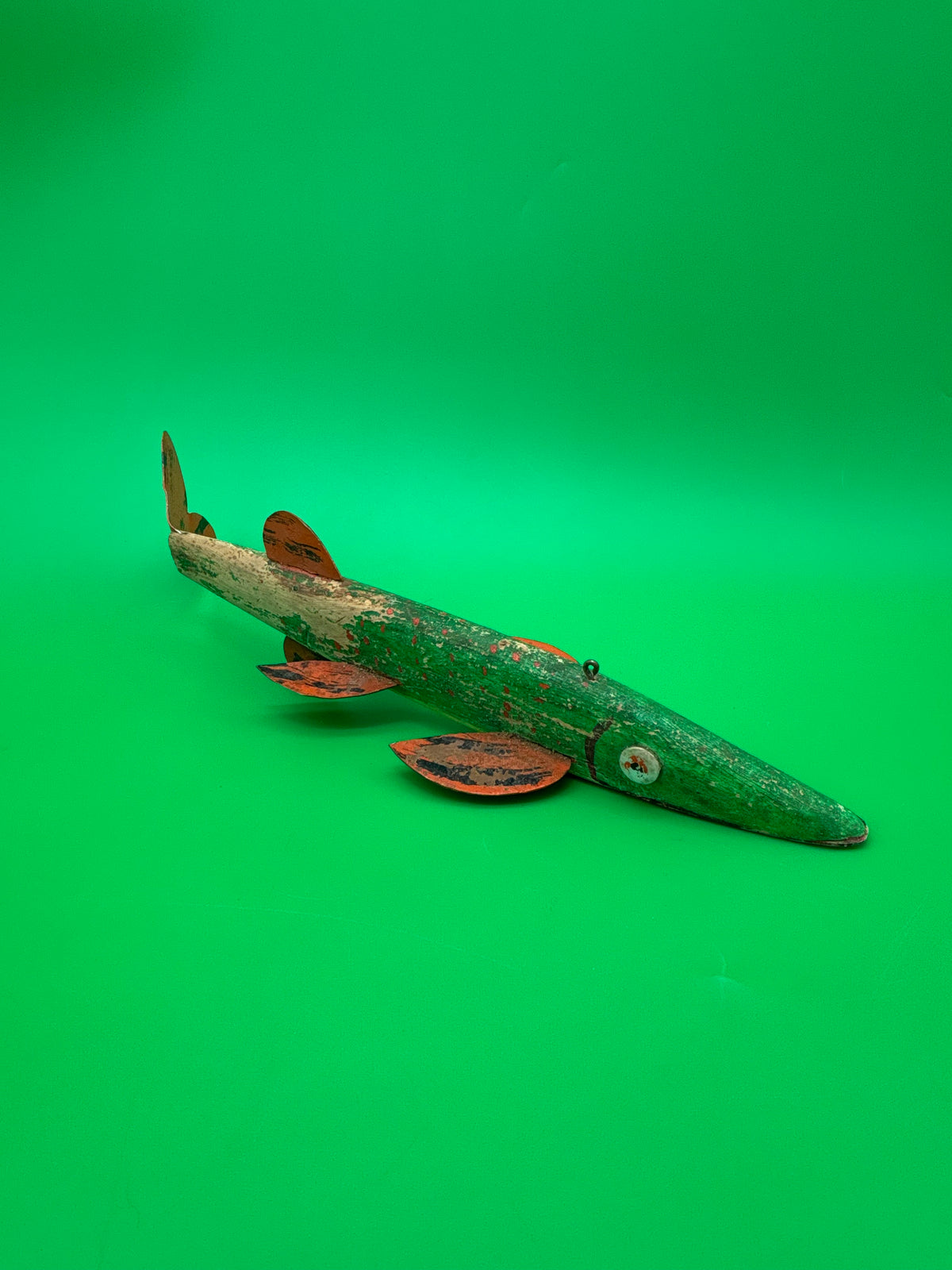 Vintage Folk Art Wooden Fish Spearing Decoy 12” Hand Carved Painted Metal Fins