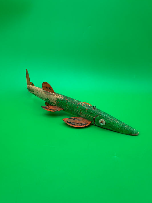 Vintage Folk Art Wooden Fish Spearing Decoy 12” Hand Carved Painted Metal Fins