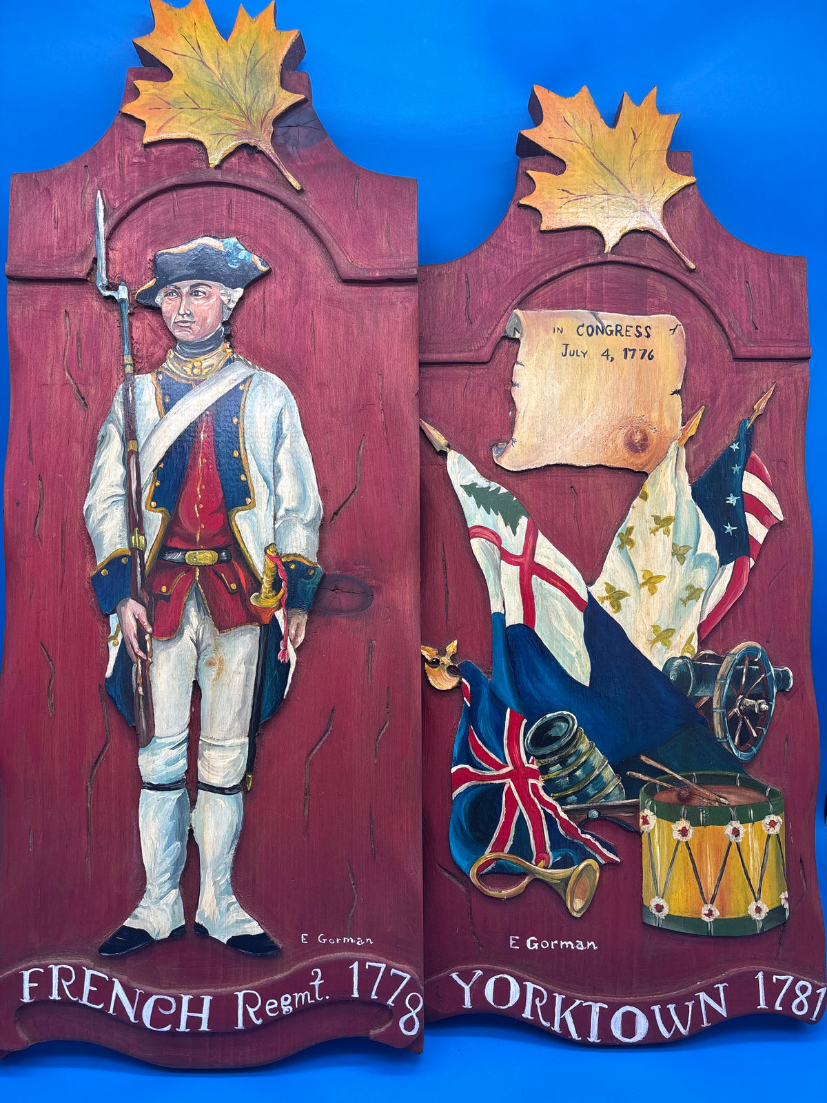 E Gorman Signed Revolutionary War Yorktown 1781 French Regiment Wood Plaques