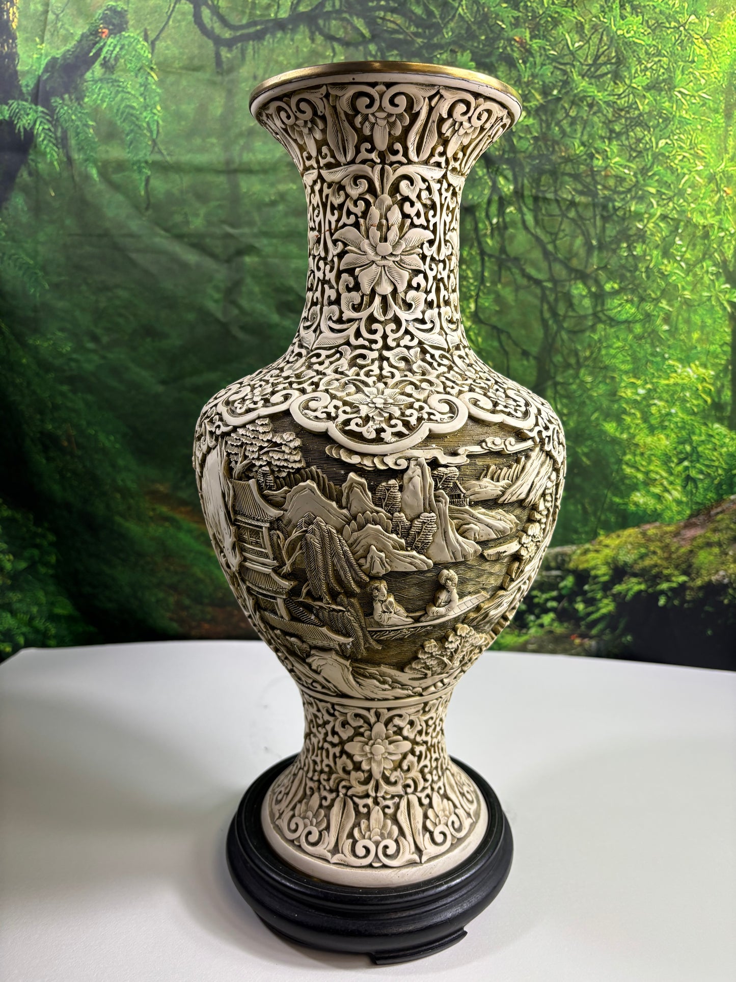 A Fabulous Chinese Cinnabar Intricate Asian Relief 15 Inch Vase W/Wood Stand/Base