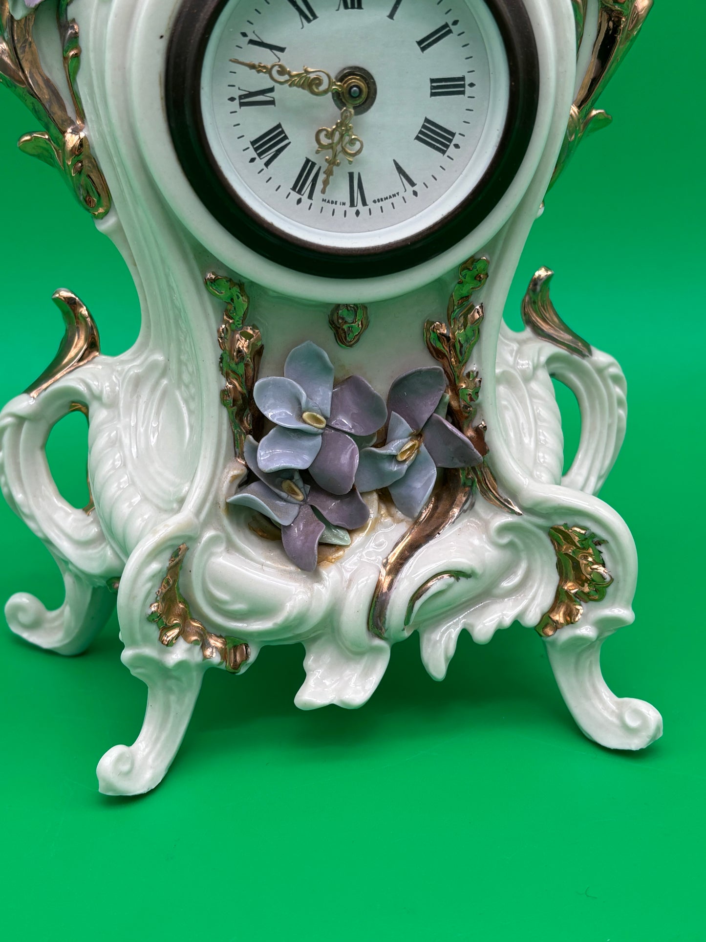 Vintage Louis Pierlot German Porcelain Mantel Clock w/ Cherub – 10” Wind Up