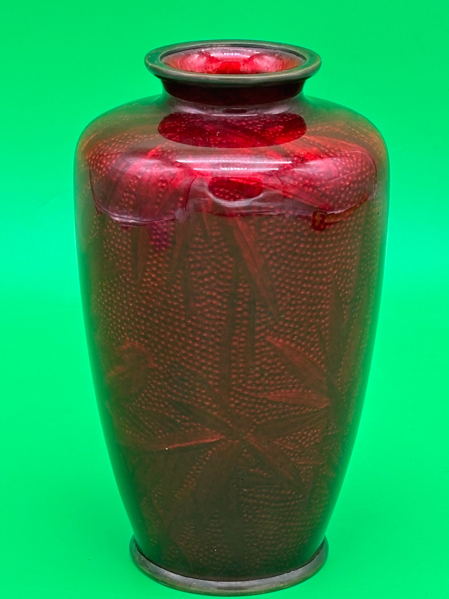 Signed Ando Japanese Pigeon Blood Red Ginbari Cloisonne Bird Bamboo Vase 5.75”