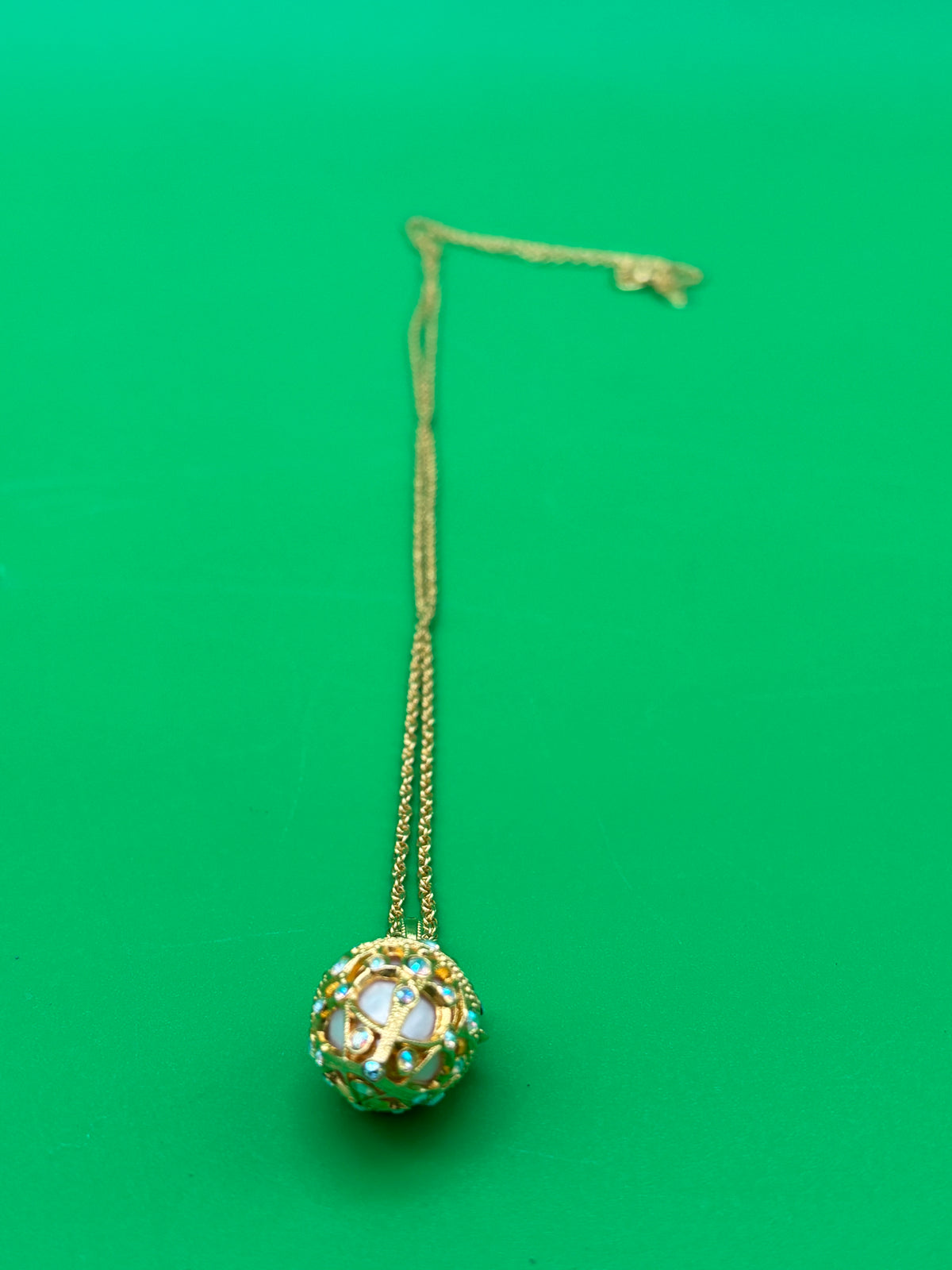 Vintage Joan Rivers Fabergé Egg Locket Necklace Gold Tone AB Rhinestones Signed