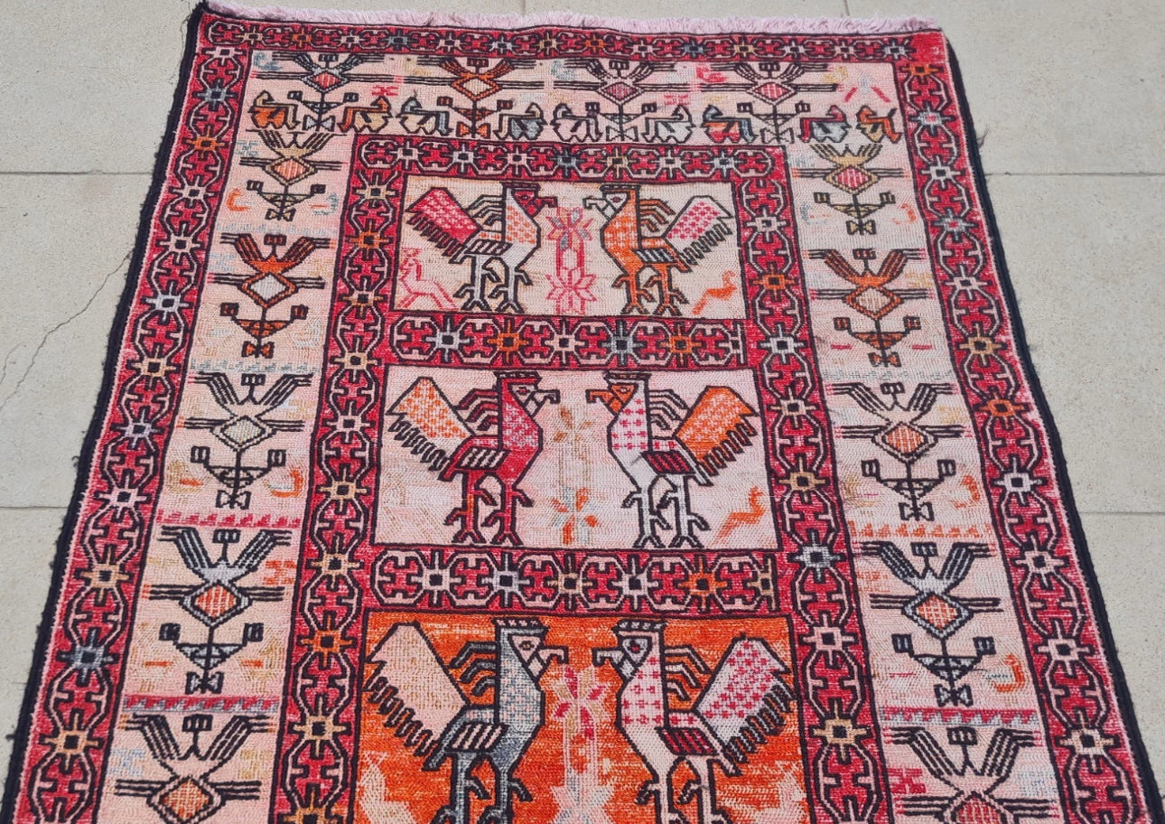 Rare Hand Knotted Vintage Soumak Kilim Silk Area Rug 3.0 x 2.4 Ft